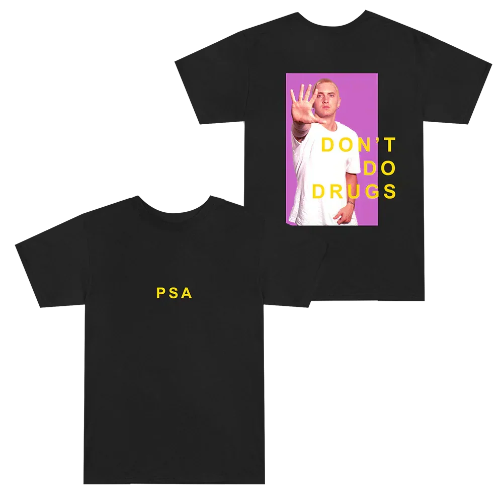 Black Eminem PSA Don't Do Drugs T-shirt front and back flat lay with yellow PSA chest print