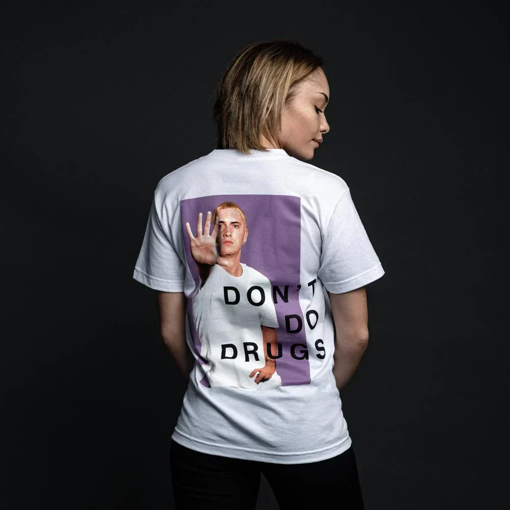 Back of the white Eminem PSA T-shirt on a model, purple Don't Do Drugs photo panel