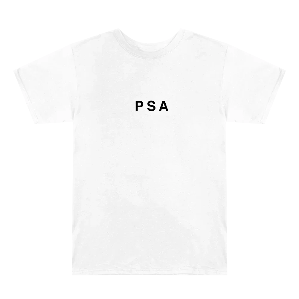 Front of the white Eminem PSA T-shirt laid flat with small PSA lettering
