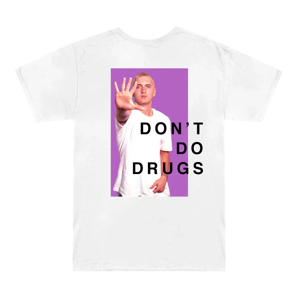 Back of the white Eminem PSA T-shirt laid flat with the Don't Do Drugs photo panel