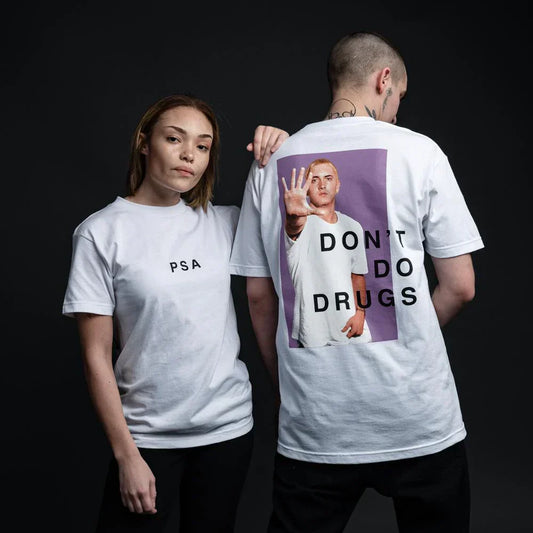 Two models in white Eminem PSA Don't Do Drugs T-shirts showing front and back prints