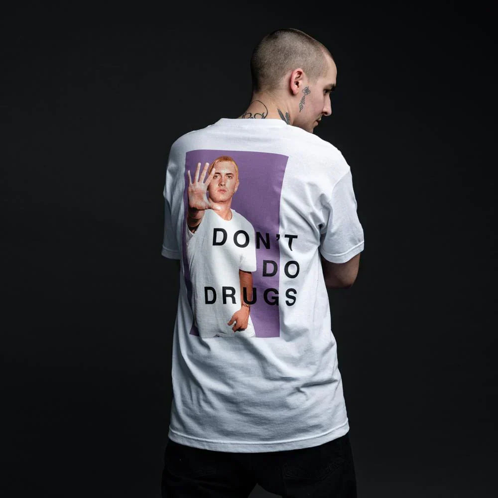 Back view of the white Eminem PSA T-shirt with the Don't Do Drugs purple graphic