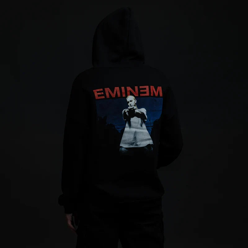 Back of the black Eminem Powerline hoodie with red logo and blue-toned photo print