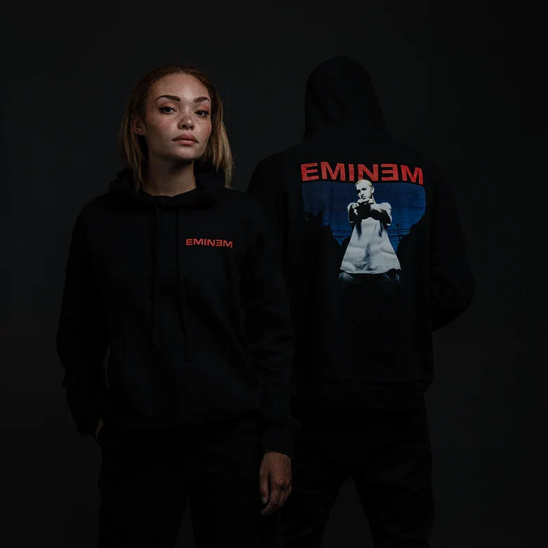 Two models in black Eminem Powerline hoodies with red logo and blue photo back print