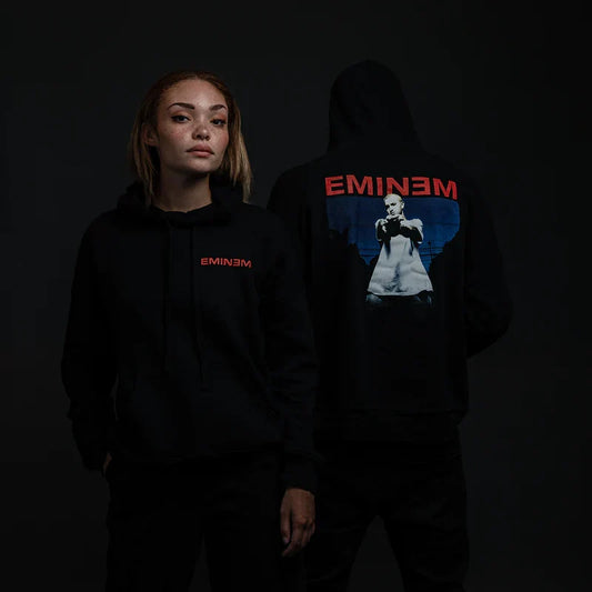 Two models in black Eminem Powerline hoodies with red logo and blue photo back print