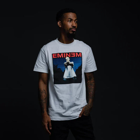 Man wearing the white Eminem Powerline photo T-shirt with red Eminem logo above the print