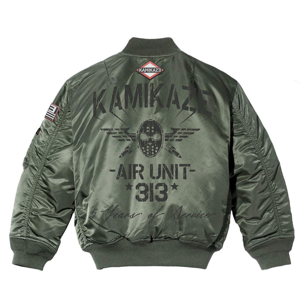 Back of the green Eminem Kamikaze Pilot bomber jacket with winged skull and Air Unit 313