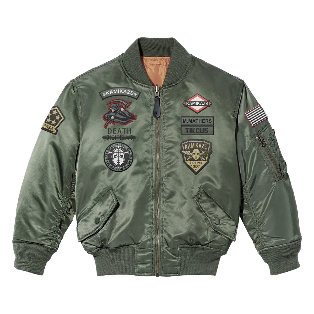 Front of the green Eminem Kamikaze Pilot bomber jacket with embroidered chest patches