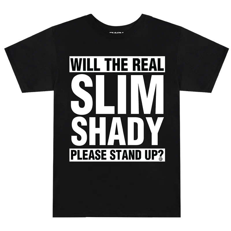 Black Eminem Please Stand Up T-shirt flat lay, Will The Real Slim Shady Please Stand Up print