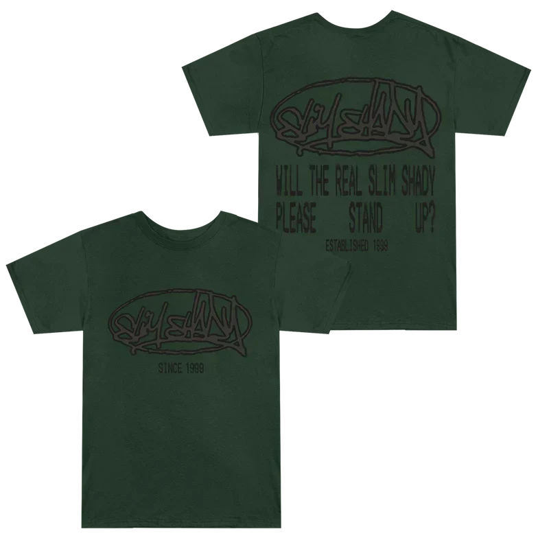 Green Eminem Plz Stand T-shirt front and back flat lay with graffiti lettering