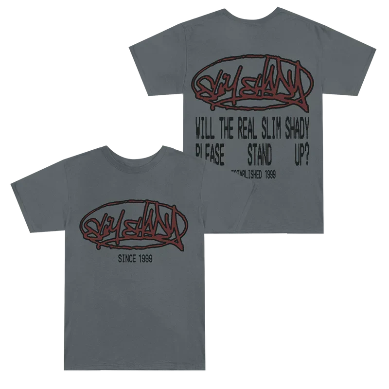Grey Eminem Plz Stand T-shirt front and back flat lay with graffiti and stencil prints