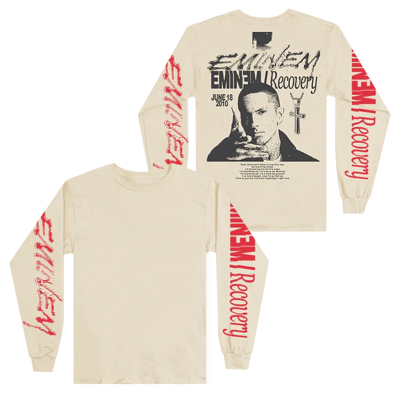 Cream Eminem Recovery long sleeve front and back flat lay with red sleeve lettering