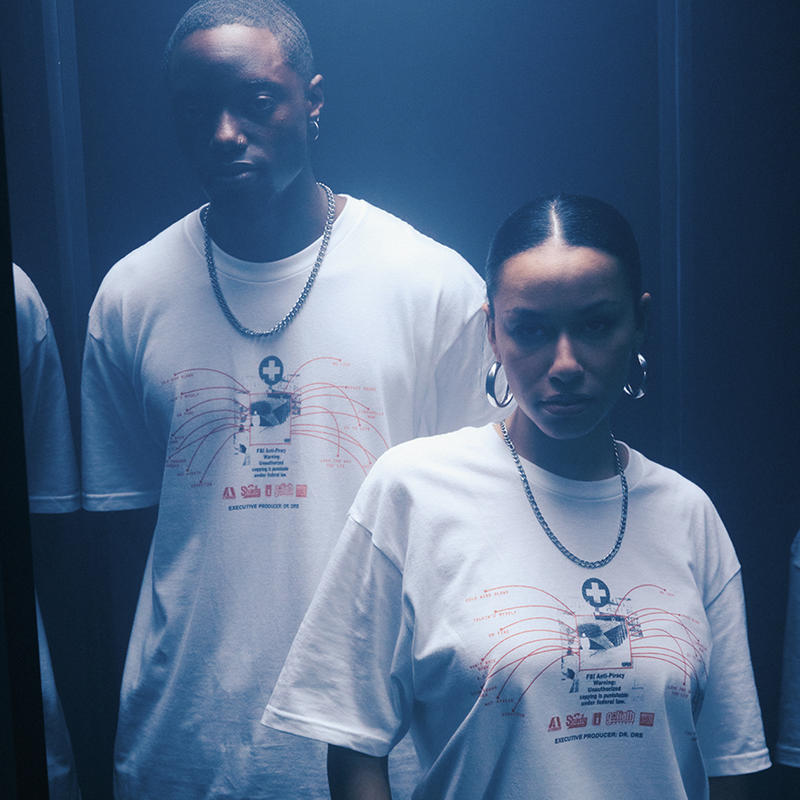 Two models in white Eminem Recovery 15th Anniversary Tracklist T-shirts