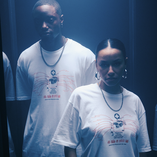 Two models in white Eminem Recovery 15th Anniversary Tracklist T-shirts