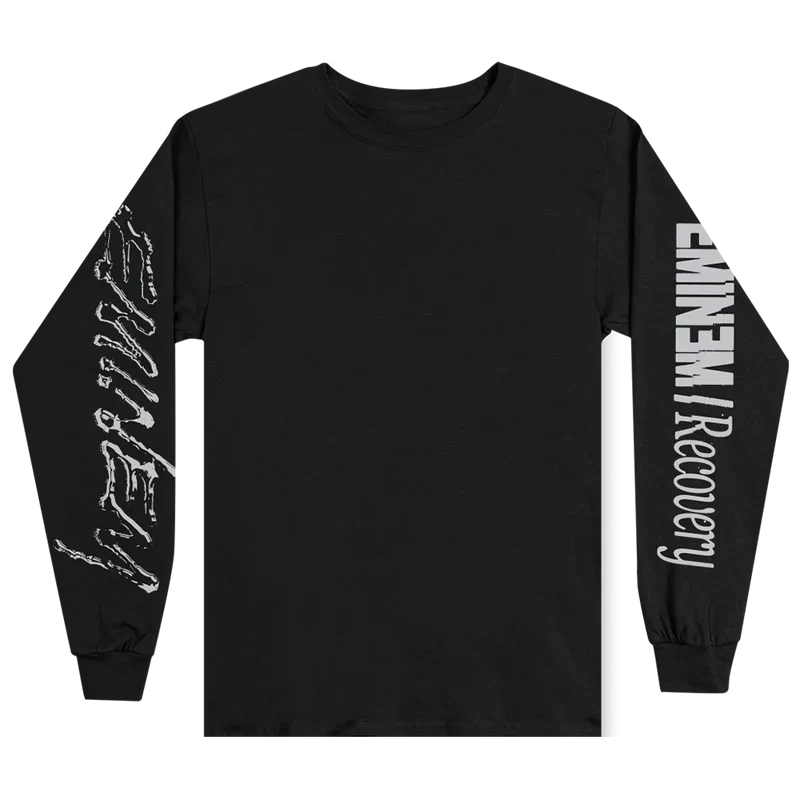 Front of the black Eminem Recovery long sleeve with Eminem and Recovery sleeve lettering