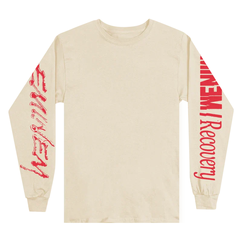 Front of the cream Eminem Recovery long sleeve with red Eminem and Recovery sleeve prints