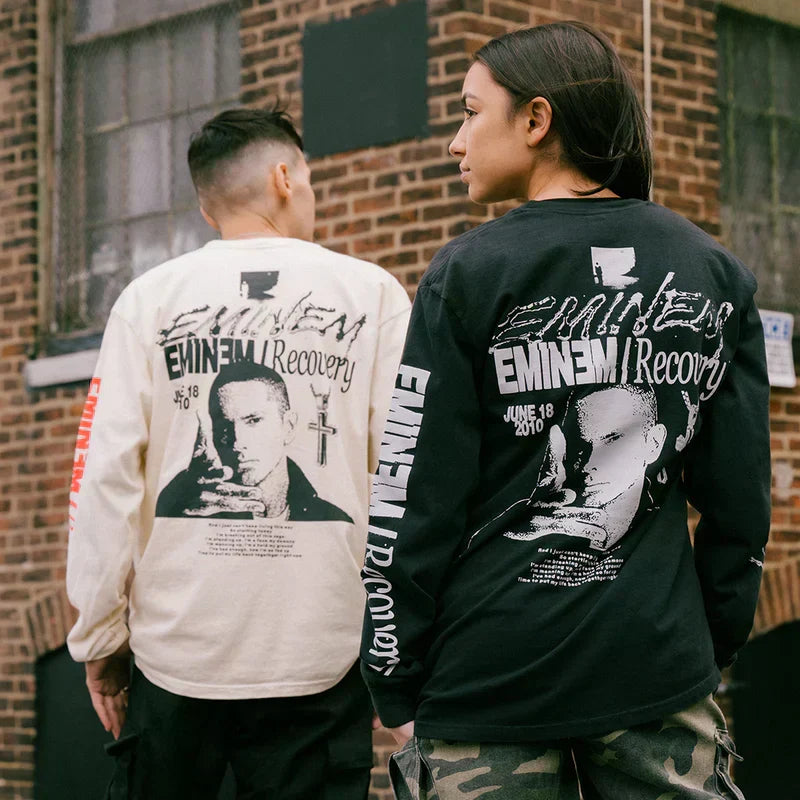 Two models in Eminem Recovery long sleeves in cream and black with back photo prints