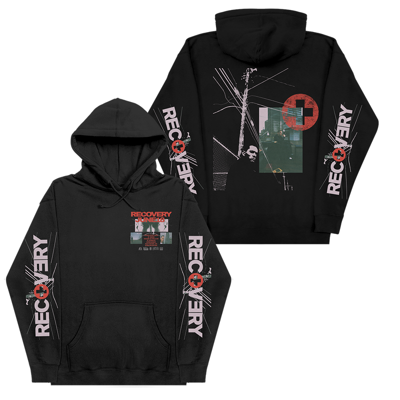 Black Eminem Recovery 15th Anniversary hoodie front and back flat lay with collage art