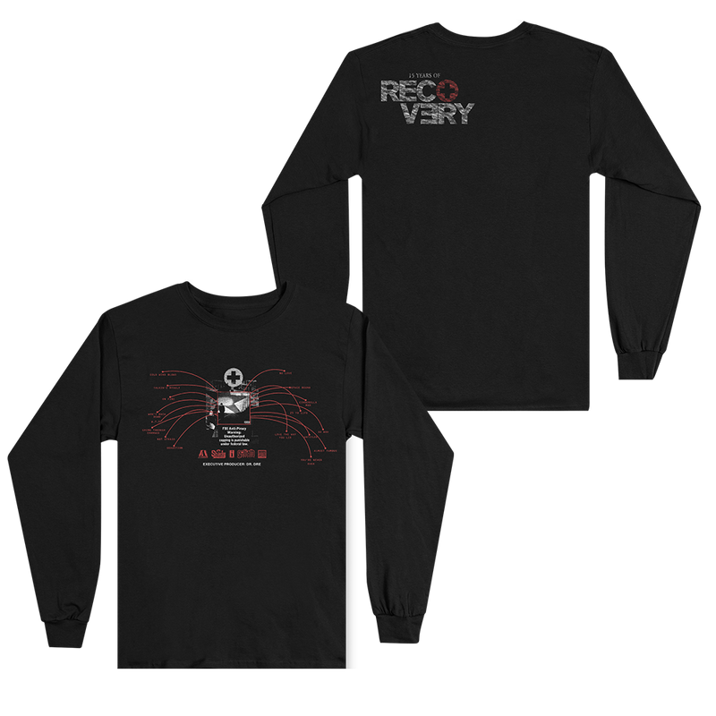 Black Eminem Recovery Tracklist long sleeve front and back flat lay with red line art