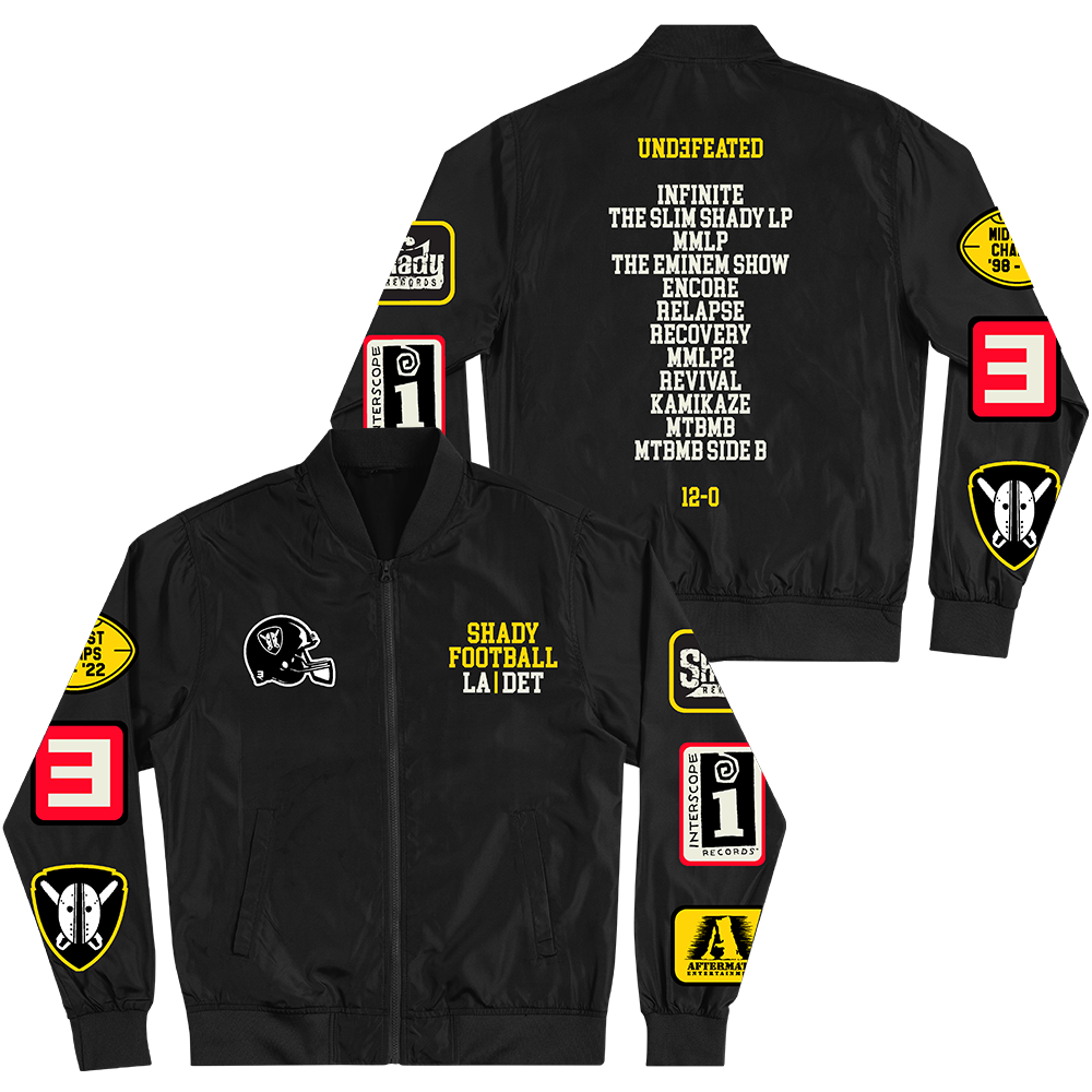 Black Eminem Shady Football lightweight bomber jacket front and back with album patches