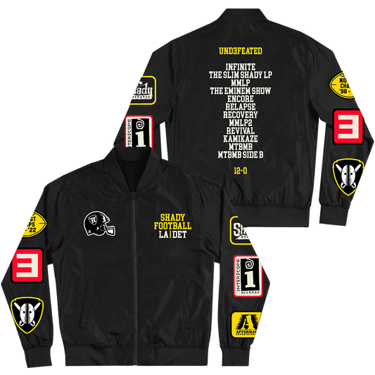 Black Eminem Shady Football lightweight bomber jacket front and back with album patches