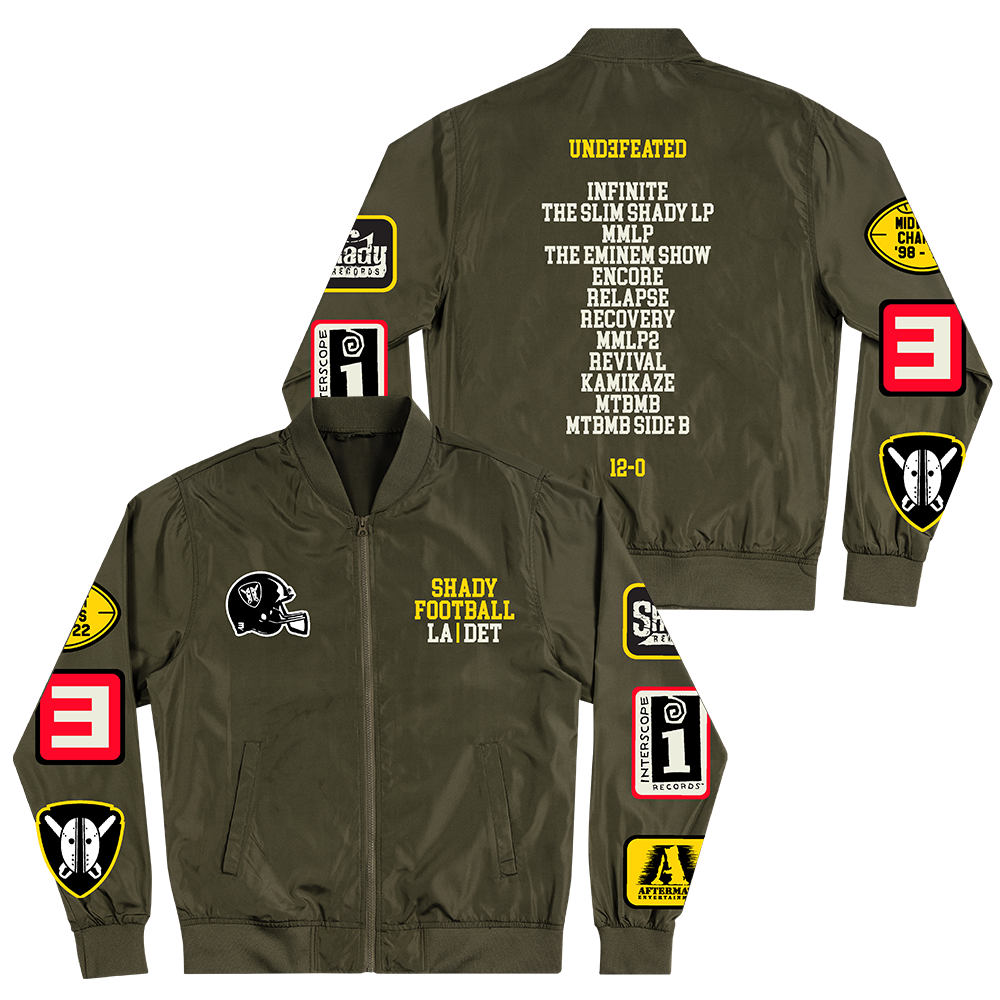 Olive Eminem Shady Football lightweight bomber jacket with embroidered album patches