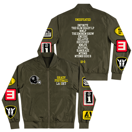 Olive Eminem Shady Football lightweight bomber jacket with embroidered album patches