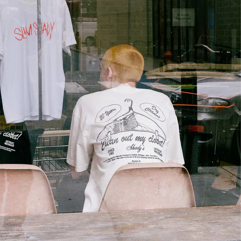 Back of the cream Eminem Shady Cleaners T-shirt reading Clean Out My Closet