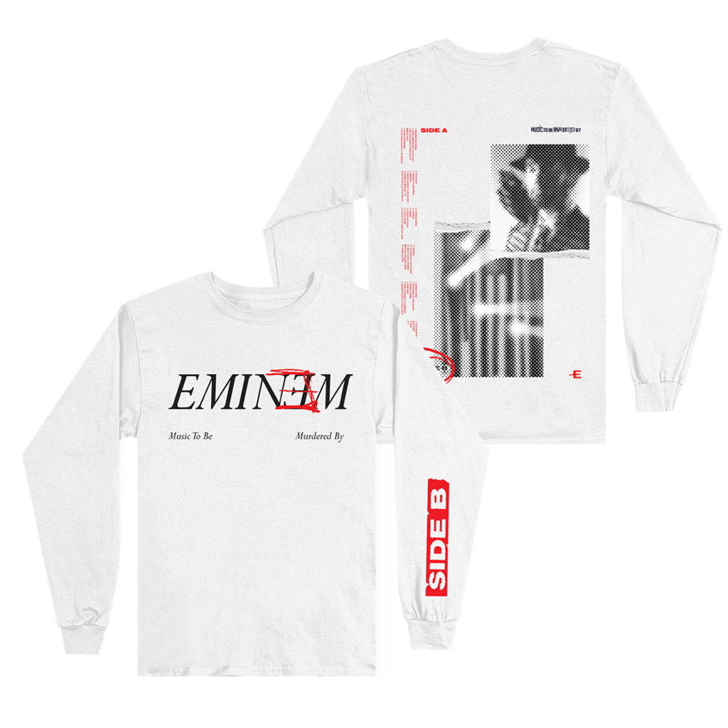 White Eminem MTBMB Side B long sleeve front and back flat lay with red sleeve tab
