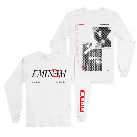 White Eminem MTBMB Side B long sleeve front and back flat lay with red sleeve tab