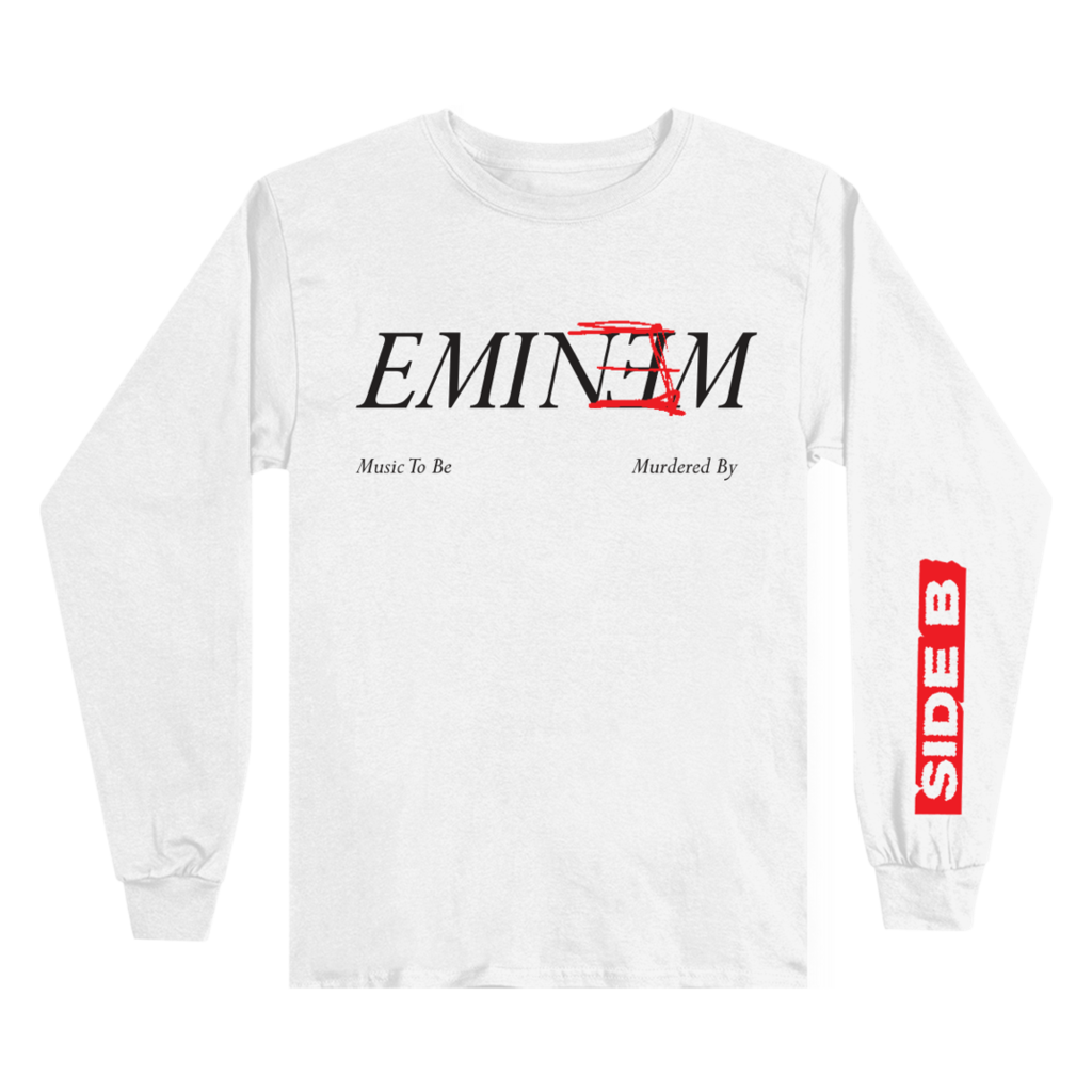 Front of the white Eminem MTBMB Side B long sleeve with Eminem logo and red Side B print