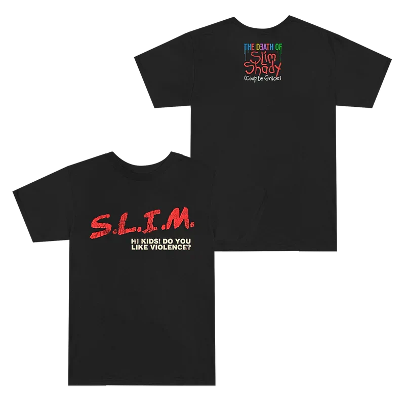 Black Eminem S.L.I.M T-shirt front and back flat lay with red and green lettering