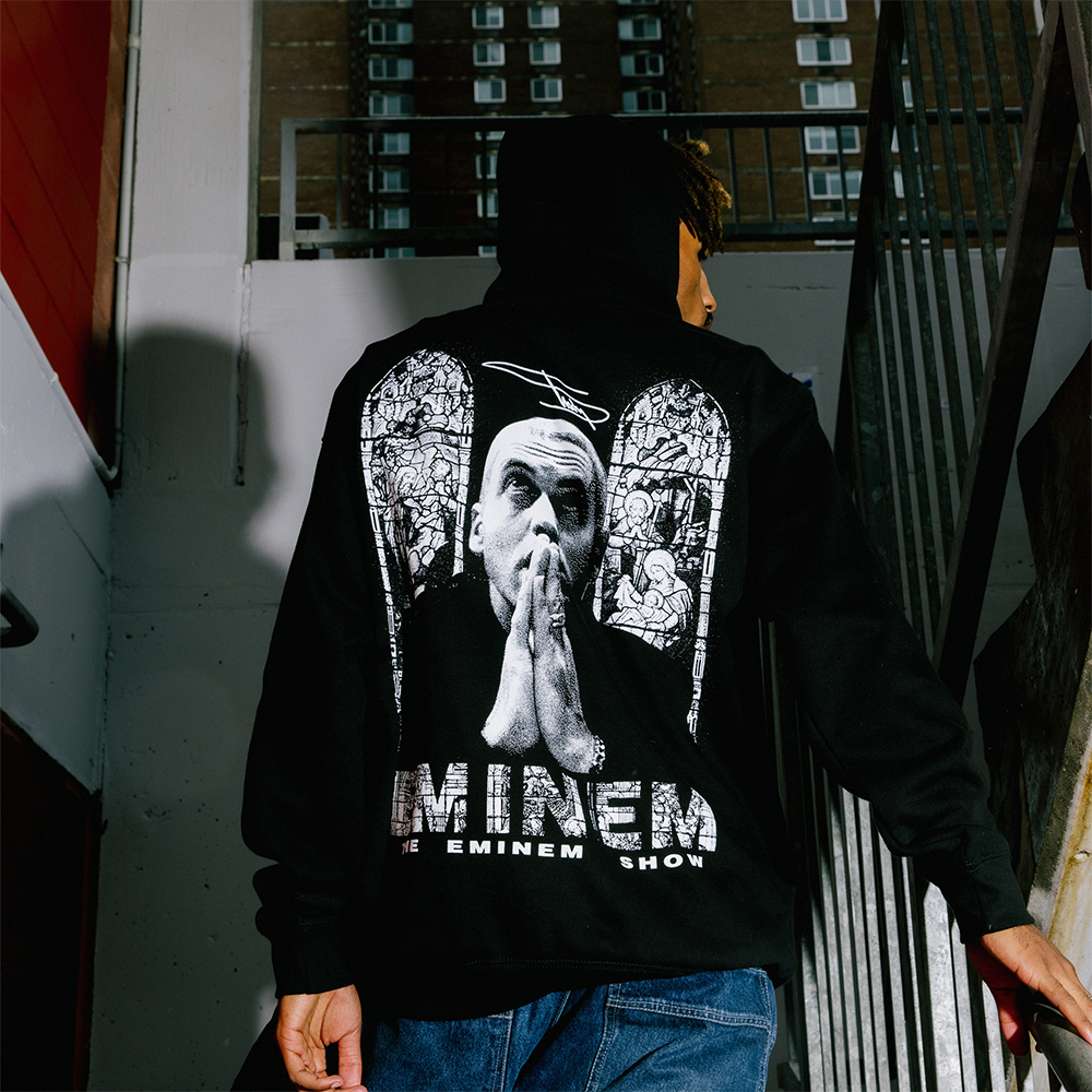 Back of the black Eminem Show Stained Glass hoodie with portrait panel artwork