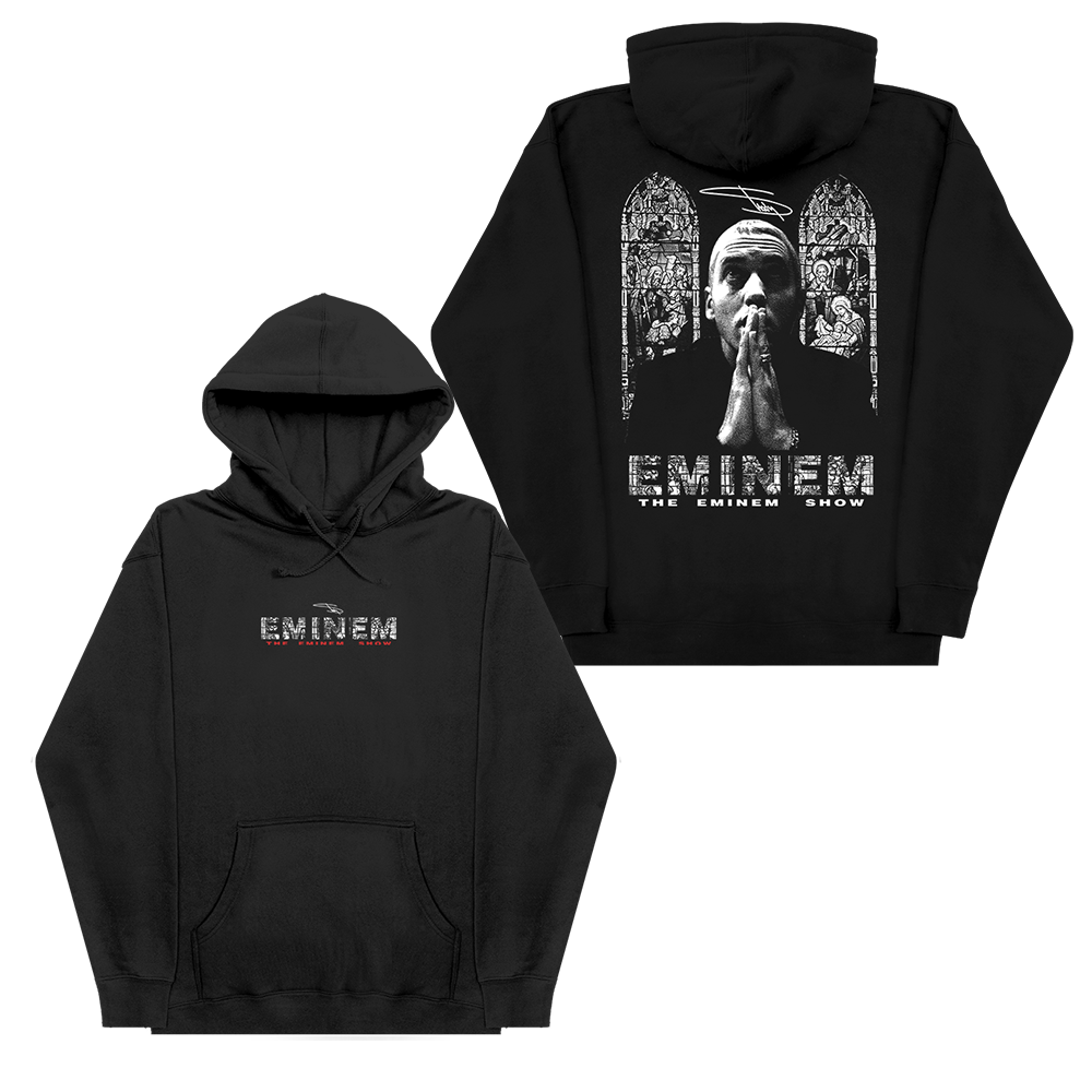 Black Eminem Show Stained Glass hoodie front and back flat lay with arched window art