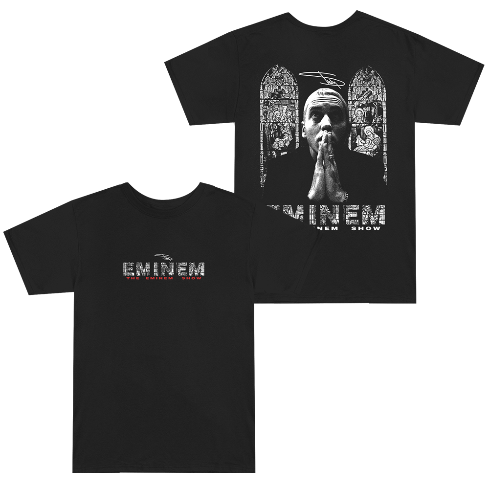 Black Eminem Show Stained Glass T-shirt front and back flat lay with window artwork