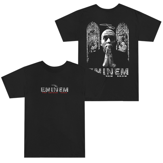 Black Eminem Show Stained Glass T-shirt front and back flat lay with window artwork