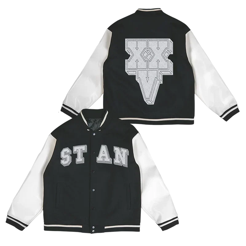 Eminem Stan varsity jacket front and back flat lay in black with cream sleeves