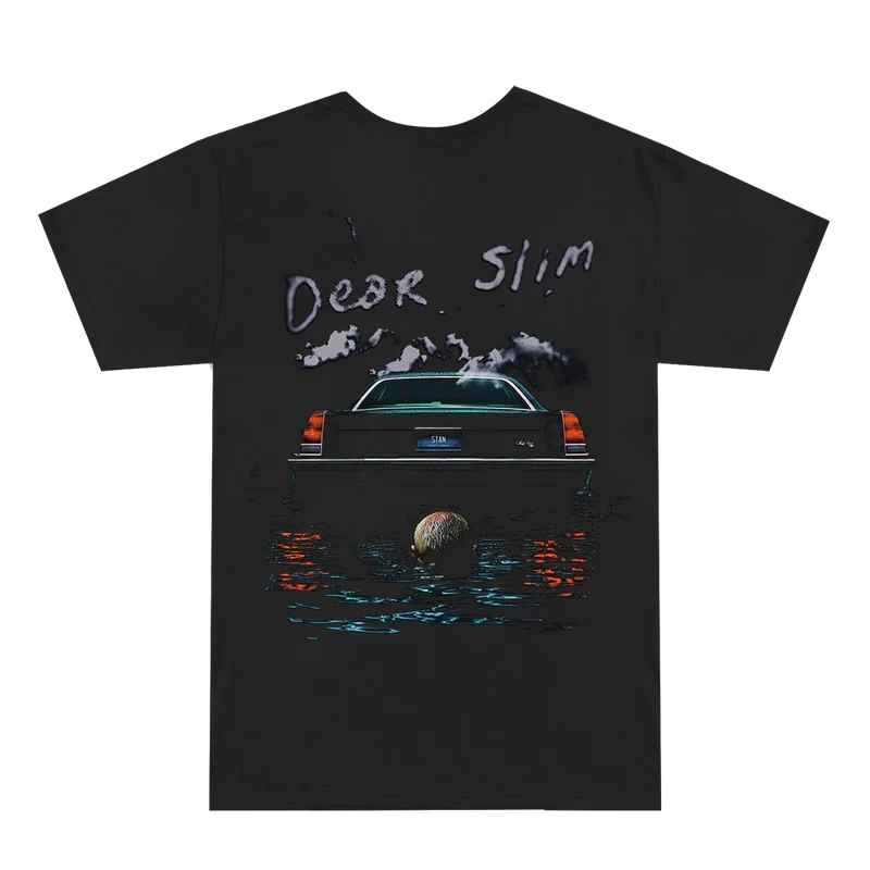 Back of the black Eminem Dear Slim T-shirt with script lettering over sinking car artwork