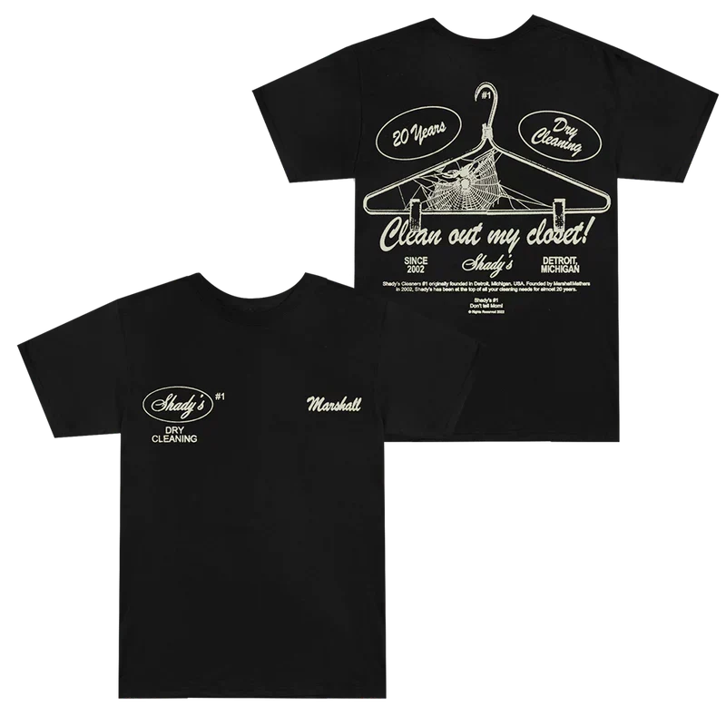 Black Eminem Shady Cleaners T-shirt front and back flat lay with dry cleaner graphics