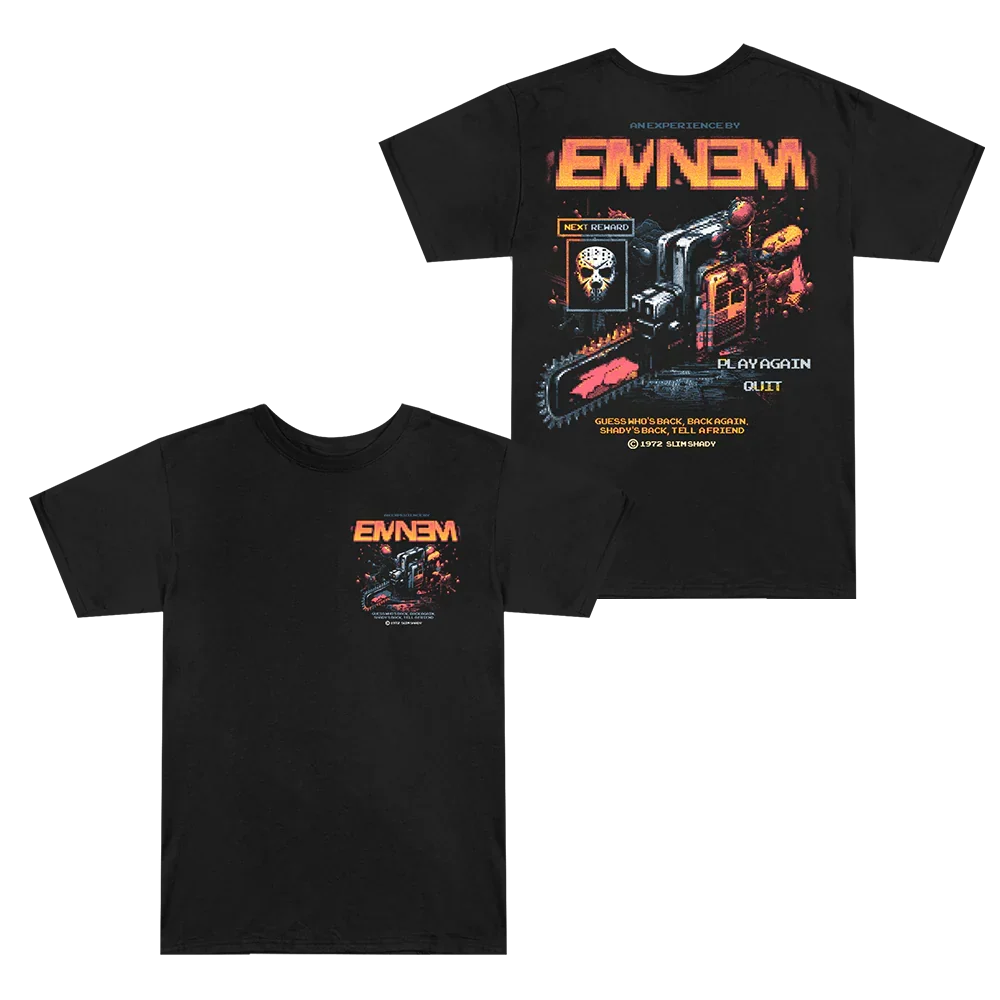 Black Eminem Shady Gaming Chainsaw T-shirt front and back flat lay with arcade artwork