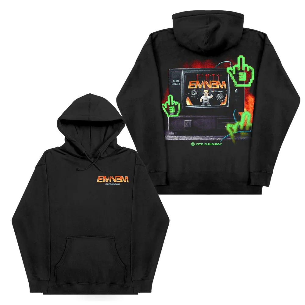 Black Eminem Shady Gaming TV hoodie front and back flat lay with arcade artwork