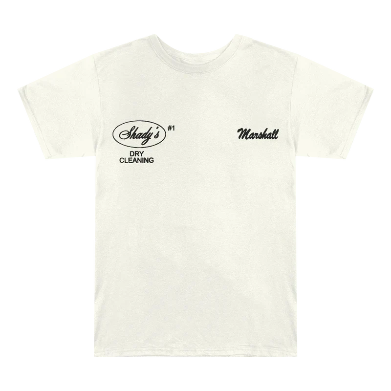 Front of the cream Eminem Shady Cleaners T-shirt with Shady's Dry Cleaning chest prints