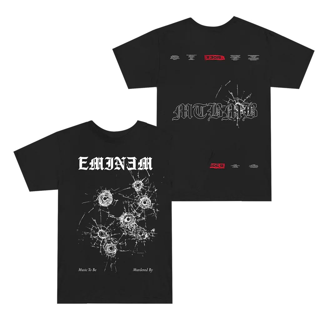 Black Eminem MTBMB Bullet Hole T-shirt front and back flat lay with shattered glass print