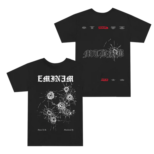 Black Eminem MTBMB Bullet Hole T-shirt front and back flat lay with shattered glass print