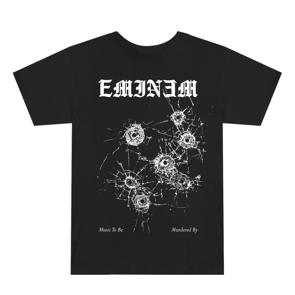 Front of the black Eminem MTBMB Bullet Hole T-shirt with cracked bullet hole graphic