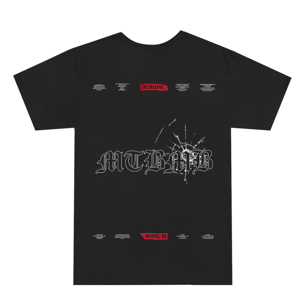 Back of the black Eminem MTBMB Bullet Hole T-shirt with shattered glass and Murder lettering