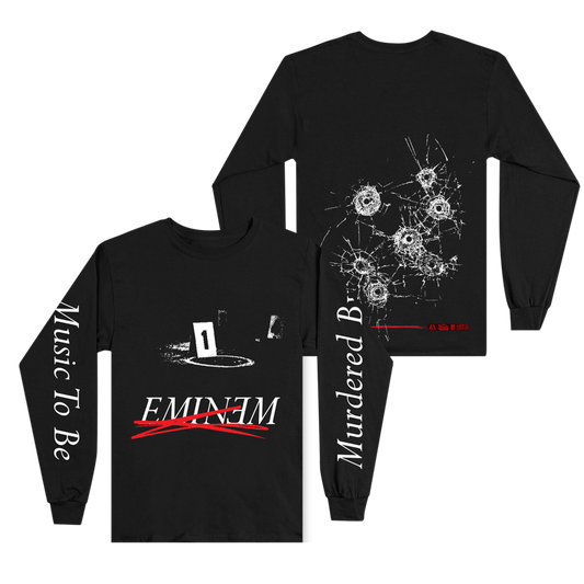 Black Eminem MTBMB Crime Scene long sleeve front and back flat lay with bullet hole art
