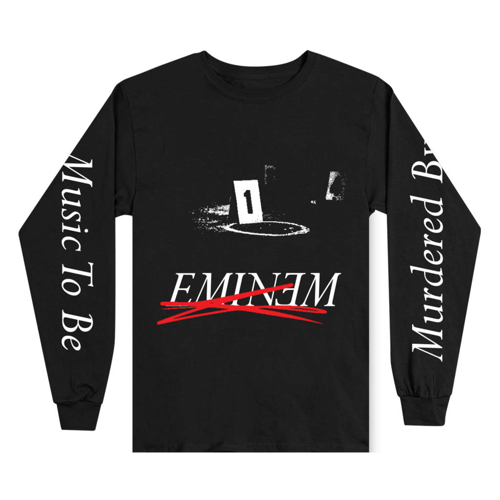 Front of the black Eminem MTBMB Crime Scene long sleeve with Music To Be Murdered By sleeves