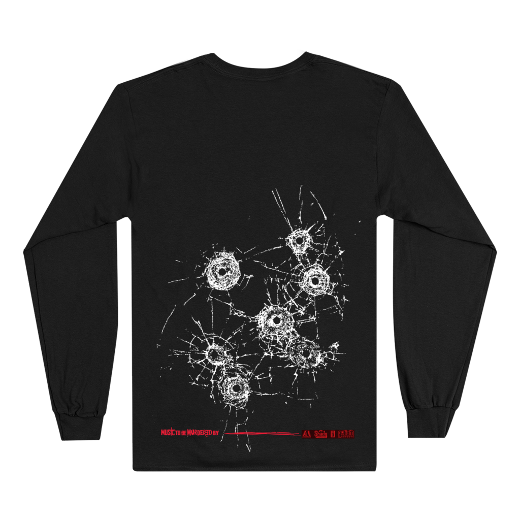 Back of the black Eminem MTBMB Crime Scene long sleeve with white bullet hole graphic