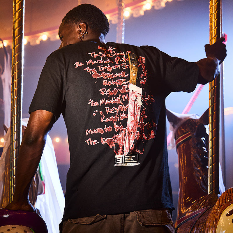 Back of the black Eminem Body Count T-shirt showing the red dripping body-count list print